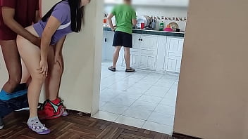 MY HORNY FRIEND cleans the KITCHEN while I FUCK his WIFE on the other side